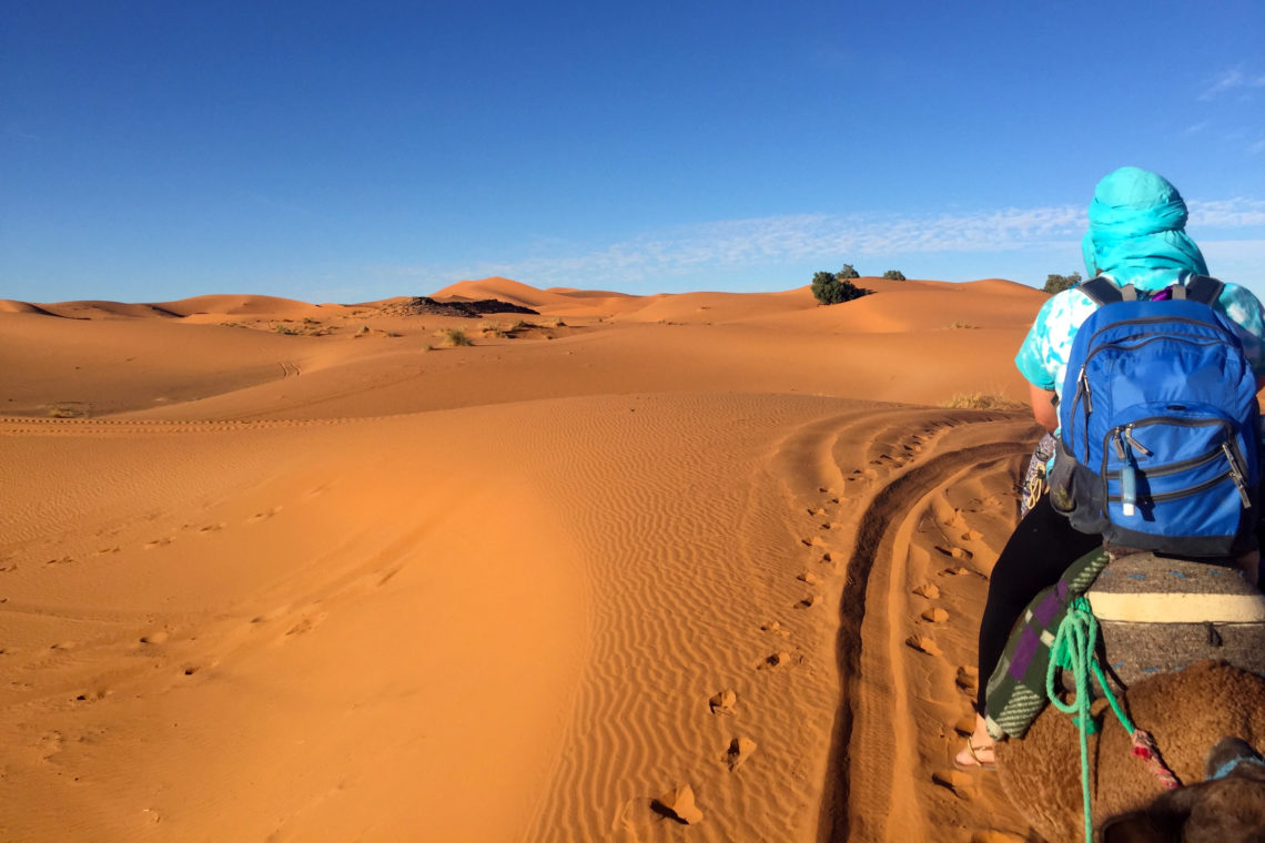 Riding a camel into the Moroccan desert